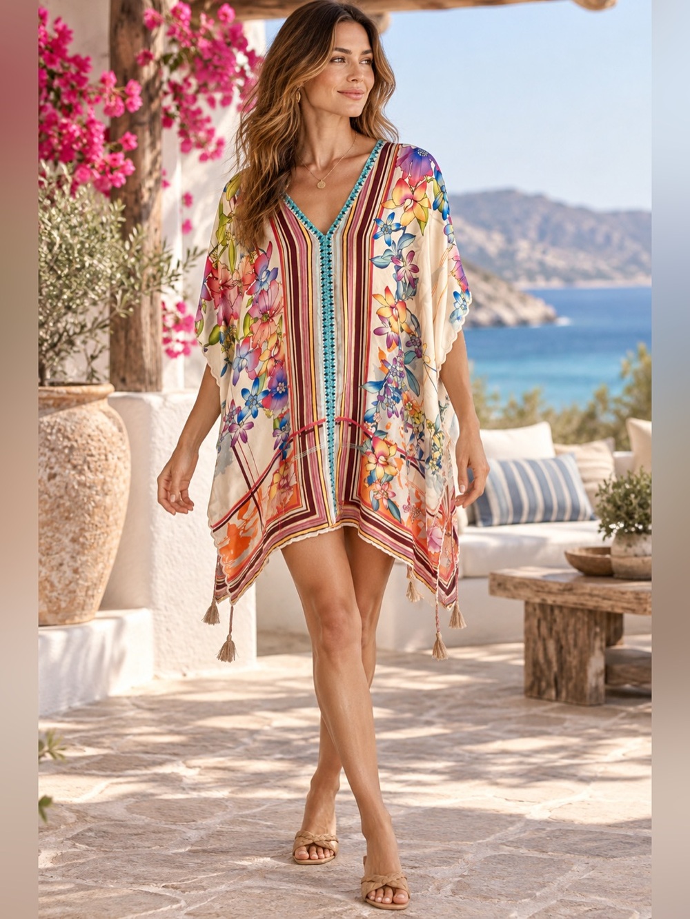 Johnny Was 100% Silk Floral Kaftan S Boho Tunic Swim Cover Up Tassel
